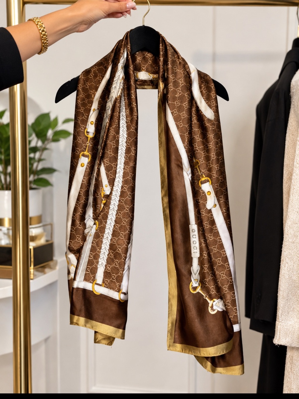 Brand New Brown Silk Scarf with White Strap Print -
